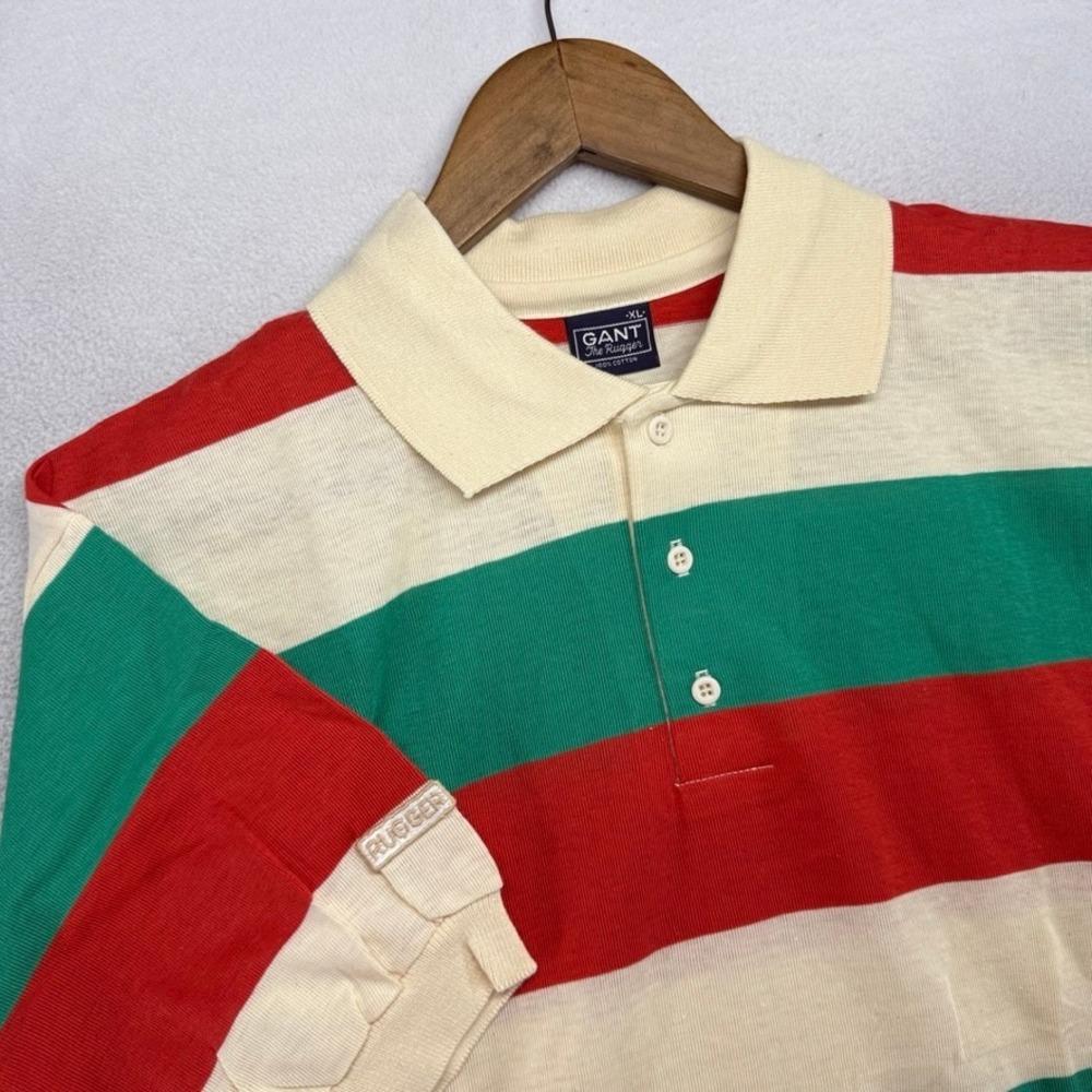 Vintage Gant Polo Mens XL Red Green White Striped Rugger Preppy Knit Deadstock